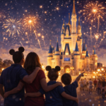 Familia viendo el castillo y fuegos artificiales en Disney, imagen para blog sobre secretos de los parques Disney