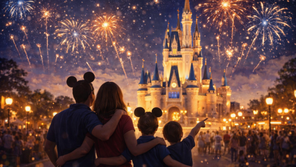 Familia viendo el castillo y fuegos artificiales en Disney, imagen para blog sobre secretos de los parques Disney