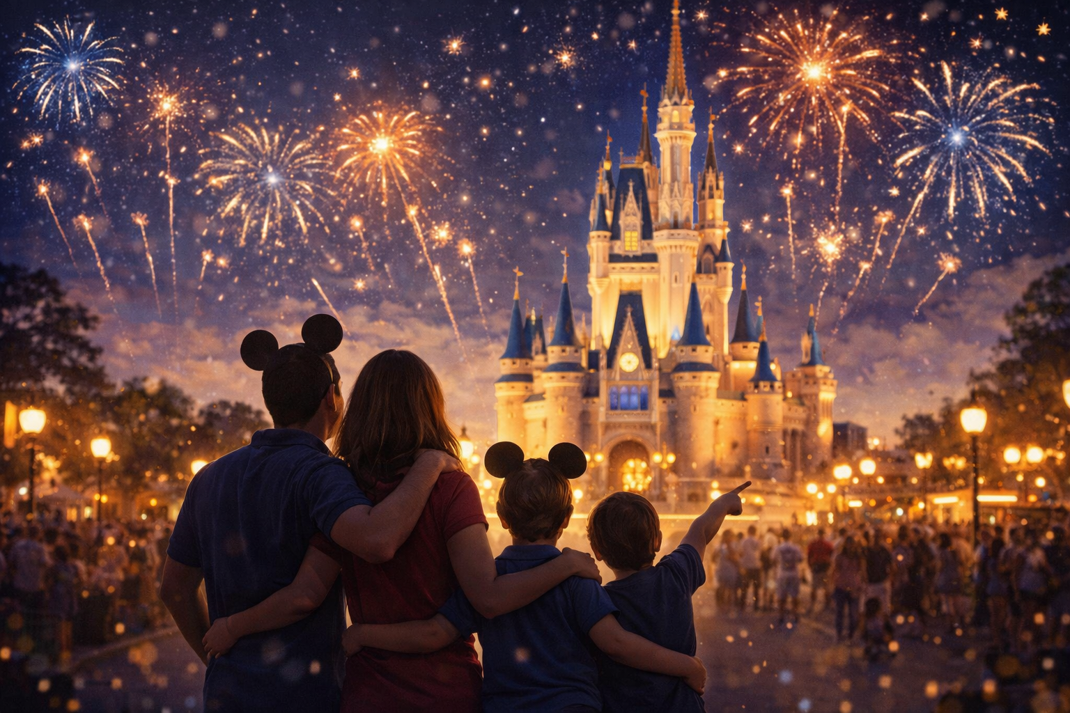Secretos de los parques Disney: familia viendo el castillo y fuegos artificiales en Disney
