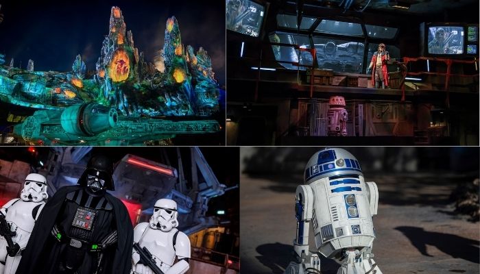 Personajes de Star Wars en Disney Parks Personajes y escenas de Star Wars en Galaxy's Edge con Darth Vader, R2-D2 y Millennium Falcon