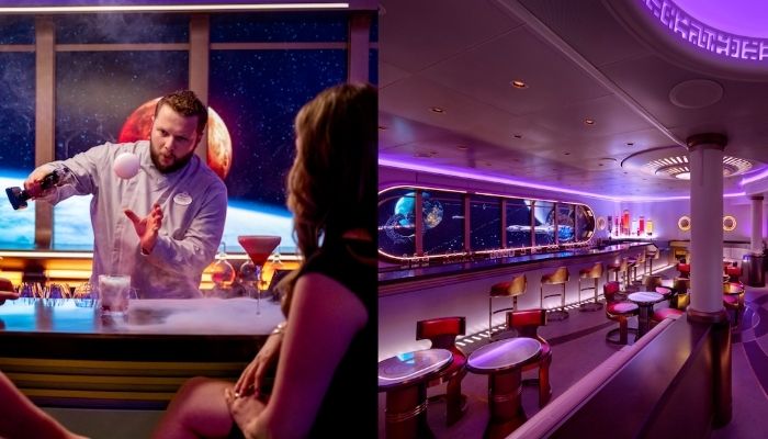Star Wars Hyperspace Lounge en Disney Wish Star Wars Hyperspace Lounge en Disney Wish con bebidas temáticas y ambiente galáctico