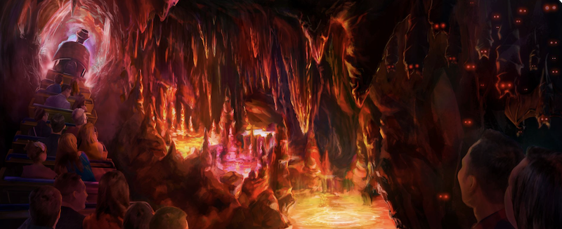 Nueva magia en Big Thunder Mountain Railroad Arte conceptual de una escena intensa dentro de Big Thunder Mountain Railroad con cavernas y efectos de fuego